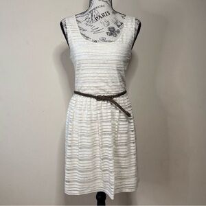 As U Wish Size Small White Striped Linen Blend Midi Dress with Belt AU08